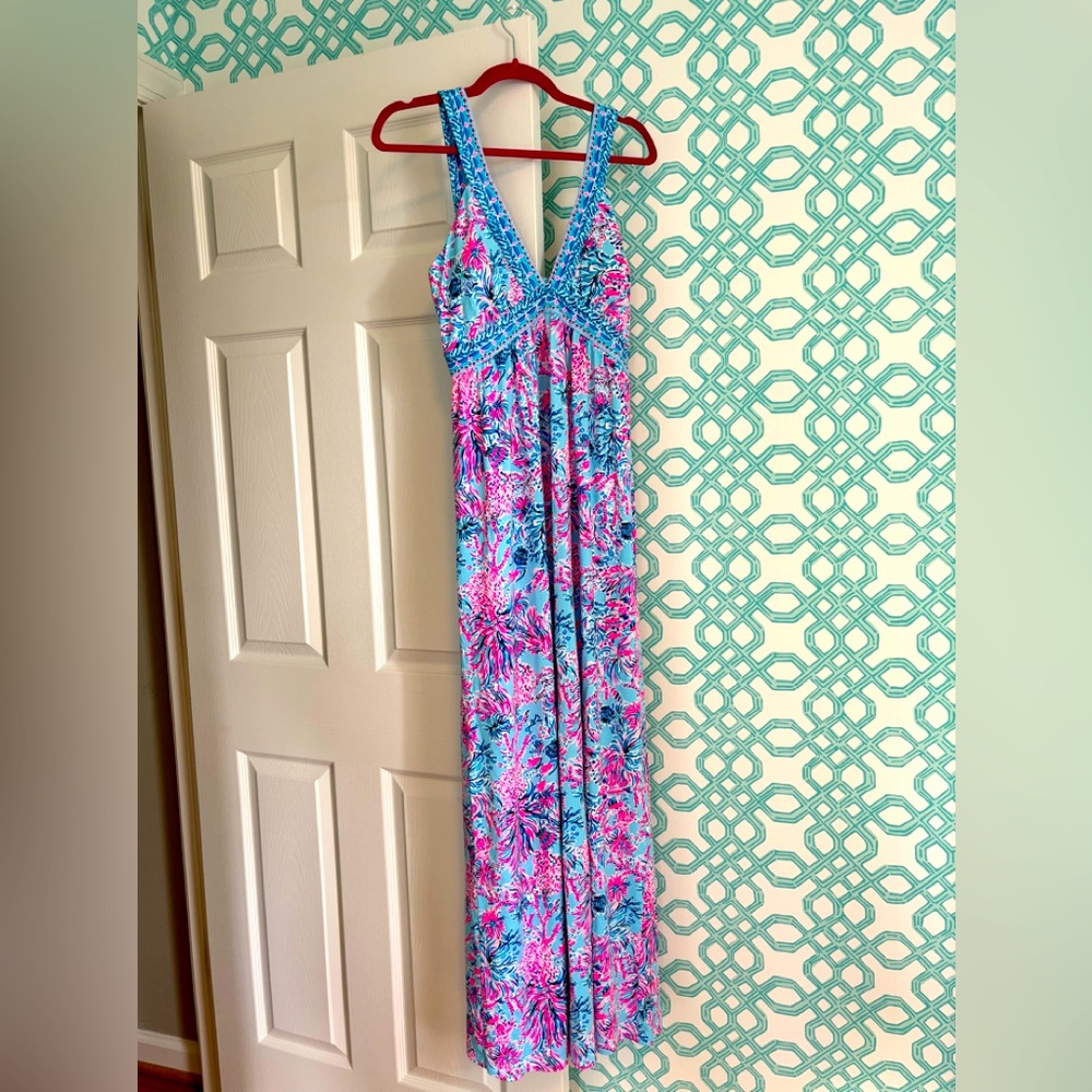 Lilly Pulitzer Serena V Neck Maxi Celestial Blue Seek and Sea